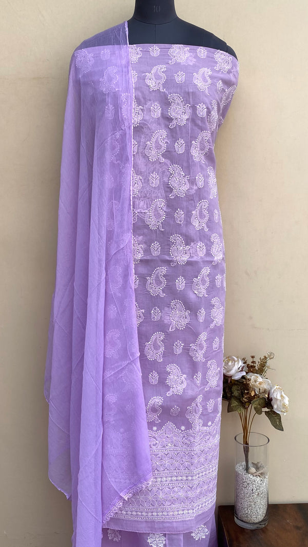 Lucknowi Chikankari Suit Length 3 Piece Purple Cotton With Jaali Work