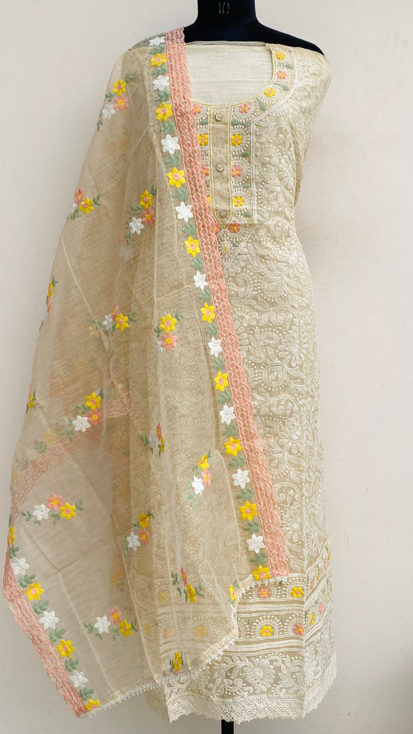 Designer Embroidered Suit Length 3 Piece Beige Kota With Parsi Work