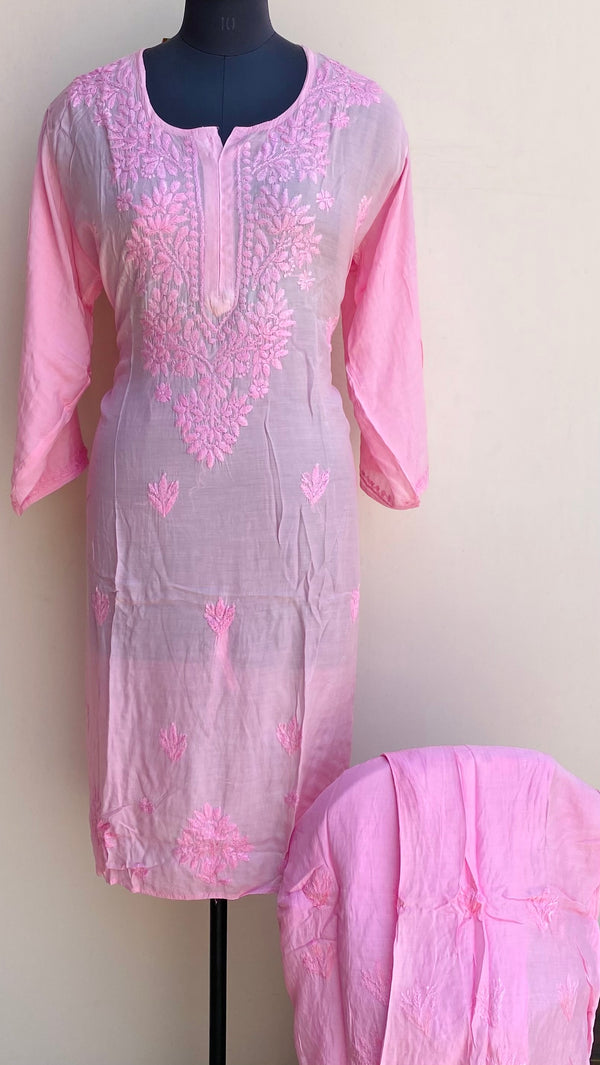 Lucknowi Chikankari Co-ord Set Pink Muslin Cotton With Self Work