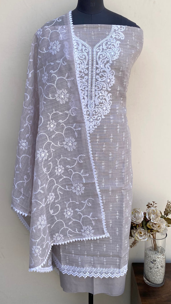 Designer Embroidered Suit Length 3 Piece Gray Kota