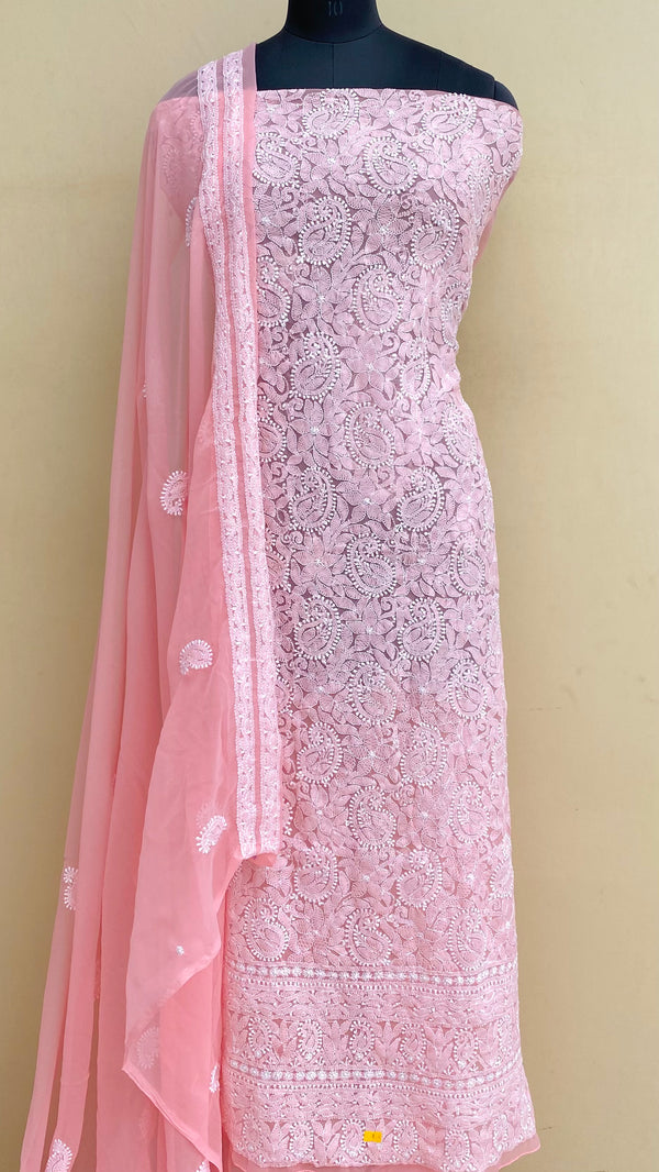 Lucknowi Chikankari Suit Length 3 Piece Peach Georgette