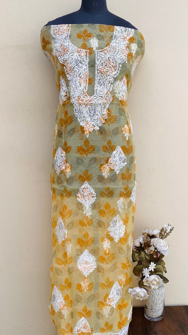 Lucknowi Chikankari Printed Kurta Length Yellow Organza