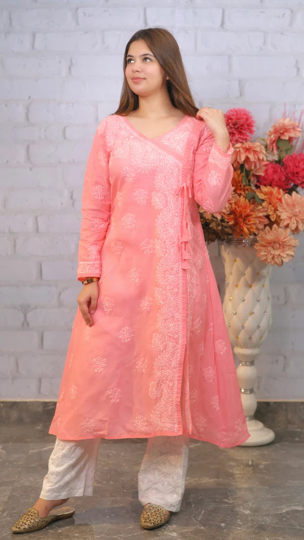 Lucknowi Chikankari Angrakha Kurti Gajri Cotton