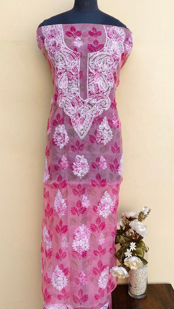 Lucknowi Chikankari Printed Kurta Length Pink Organza