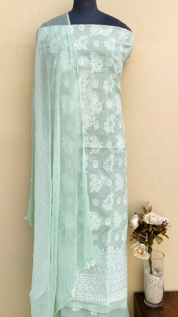 Lucknowi Chikankari Suit Length 3 Piece Teal Green Cotton With Jaali Work