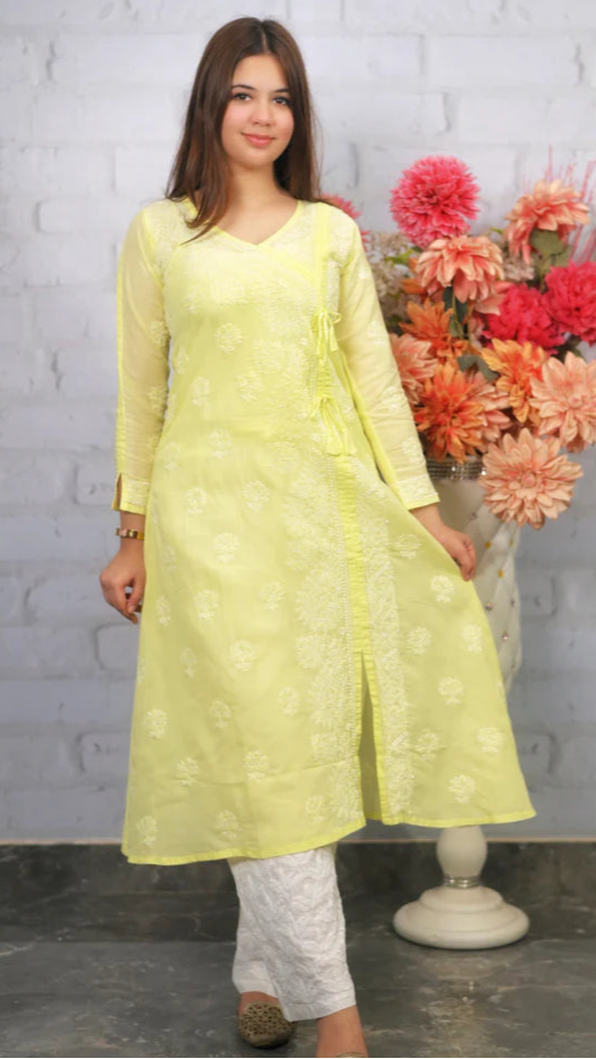 Lucknowi Chikankari Angrakha Kurti Cotton
