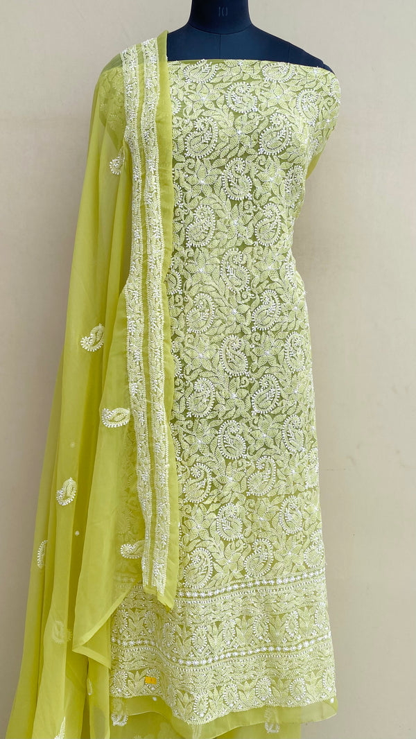 Lucknowi Chikankari Suit Length 3 Piece Mehandi Green Georgette