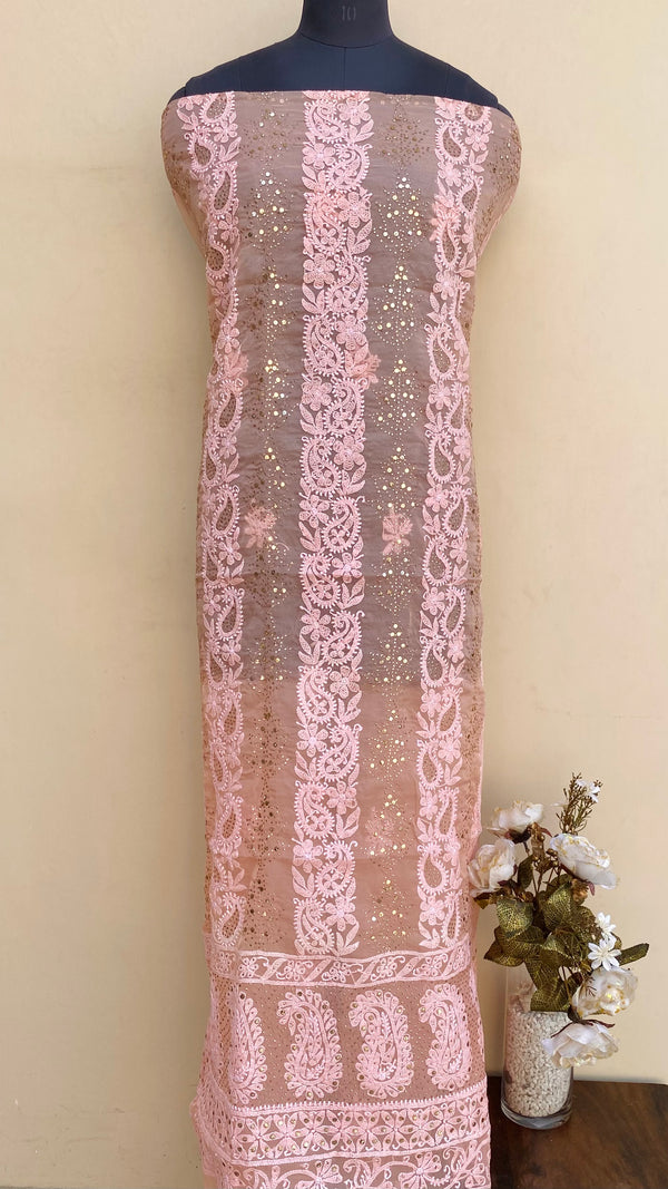 Lucknowi Chikankari Kurta Length Peach Organza With Mukaish Work