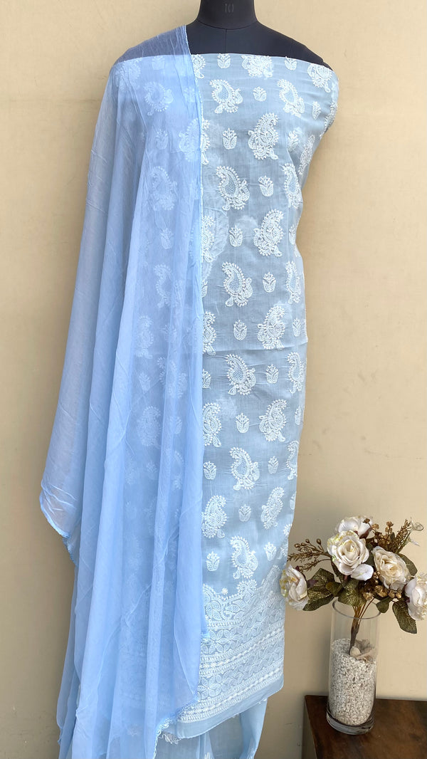 Lucknowi Chikankari Suit Length 3 Piece Powder Blue Cotton With Jaali Work