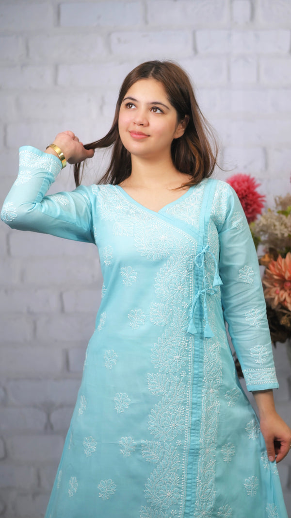 Lucknowi Chikankari Angrakha Kurti Blue Cotton