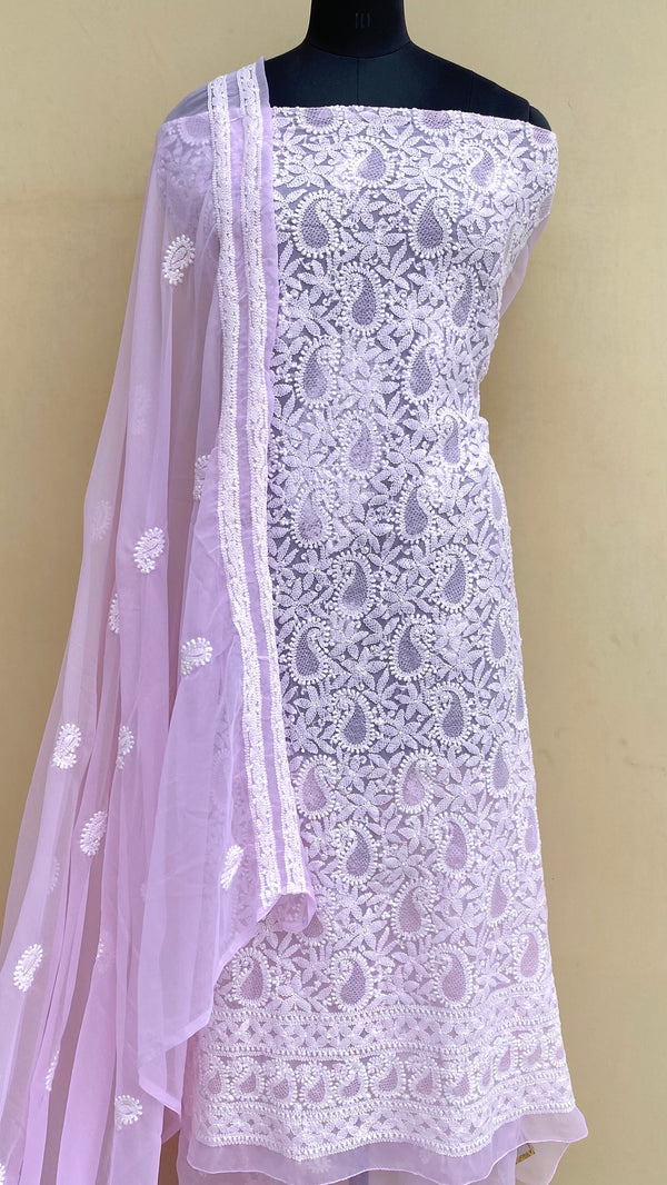 Lucknowi Chikankari Suit Length 3 Piece Pink Georgette With Jaali Work