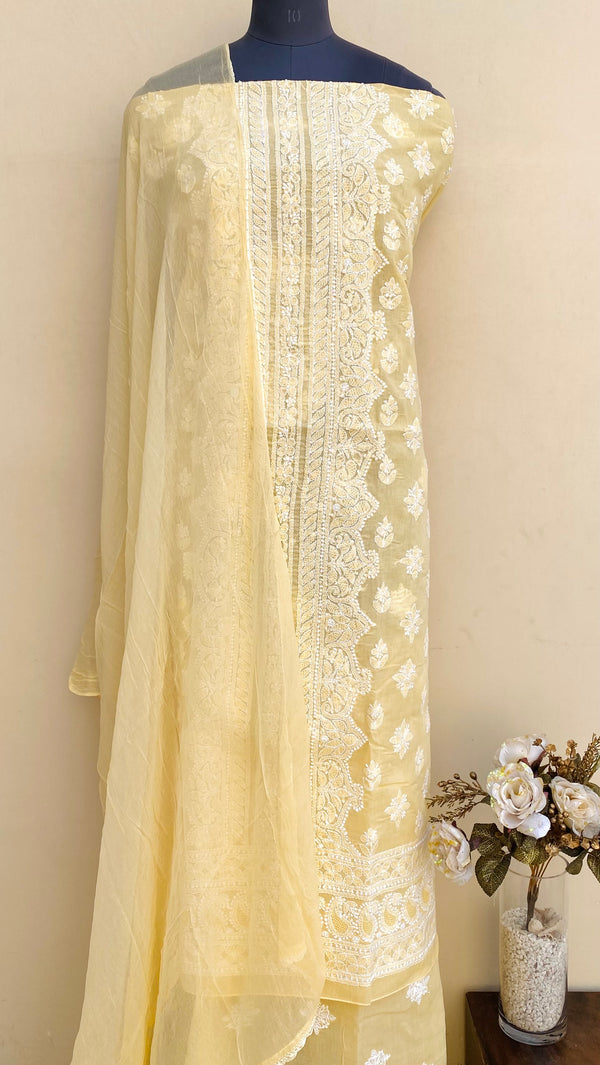 Lucknowi Chikankari Suit Length 3 Piece Yellow Cotton With Jaali Work