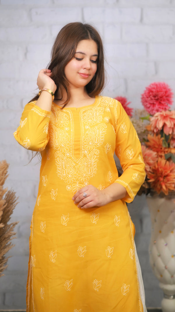 Lucknowi Chikankari Kurti Mustard Cotton