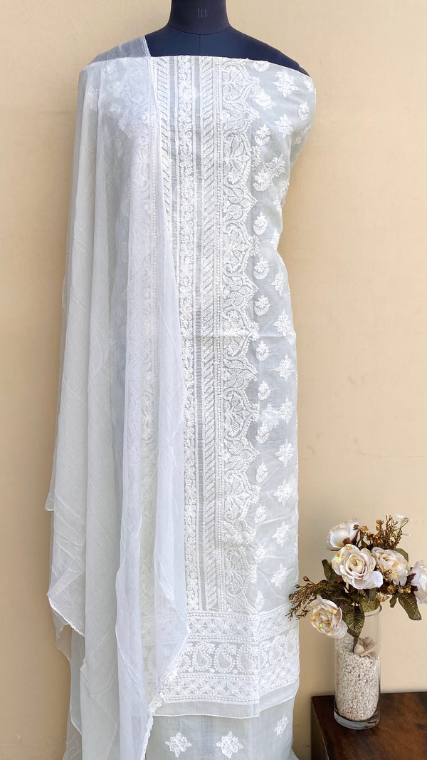 Lucknowi Chikankari Suit Length 3 Piece Off White Cotton With Jaali Work