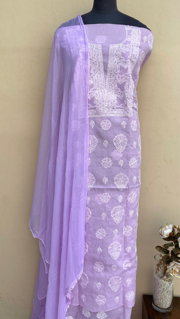 Lucknowi Chikankari Suit Length 3 Piece Purple Cotton With Jaali Work