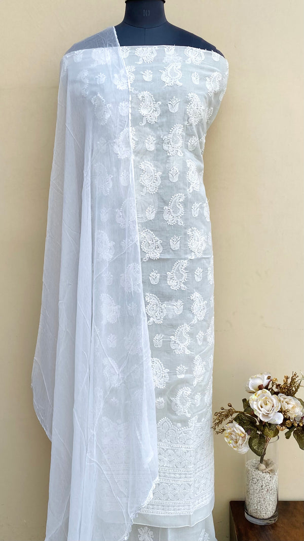 Lucknowi Chikankari Suit Length 3 Piece Off White Cotton With Jaali Work