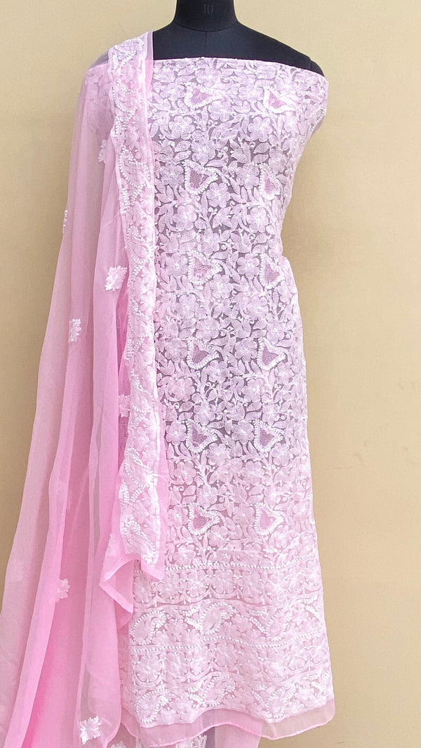 Lucknowi Chikankari Suit Length 3 Peice Pink Georgette With Jaali Work