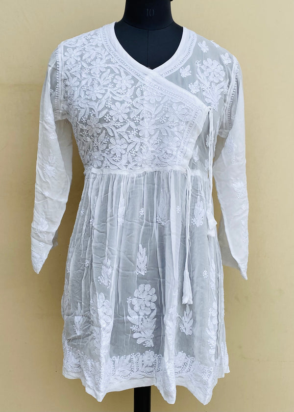 Lucknowi Chikankari Angrakha Short Kurti White Pure Georgette