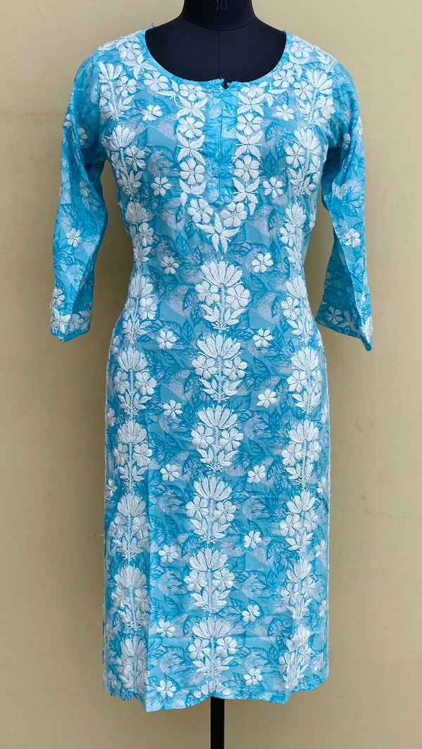 Lucknowi Chikankari Printed Kurti Blue Mulmul Cotton