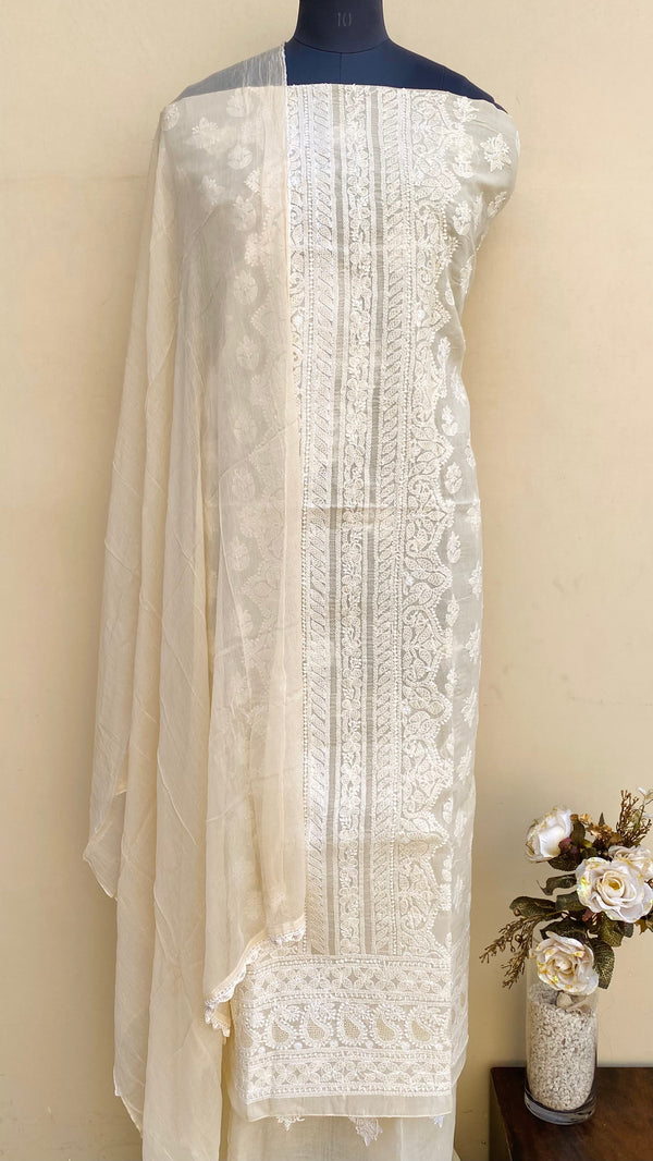 Lucknowi Chikankari Suit Length 3 Piece Beige Cotton With Jaali Work