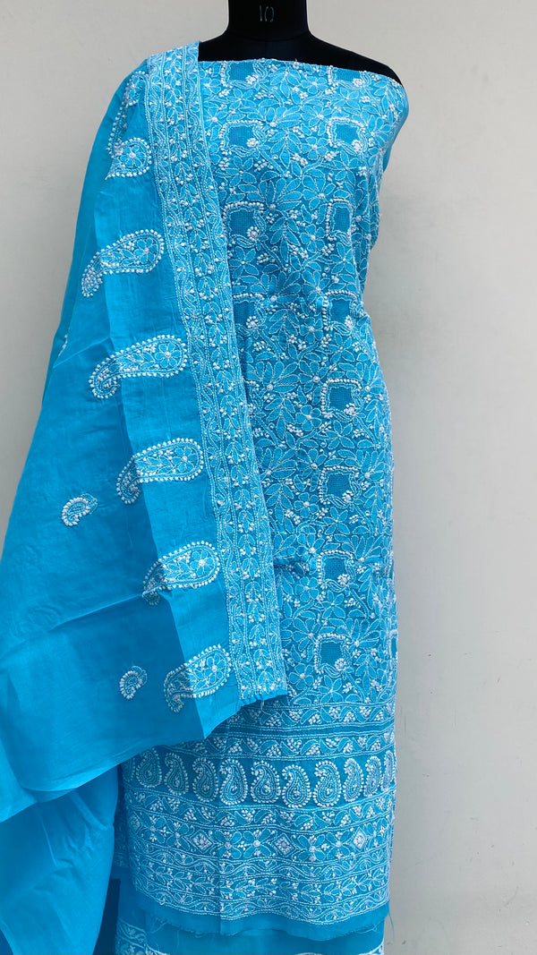 Lucknowi Chikankari Suit Length 3 Piece Blue Cotton With Jaali Work With Embroidered Cotton Dupatta