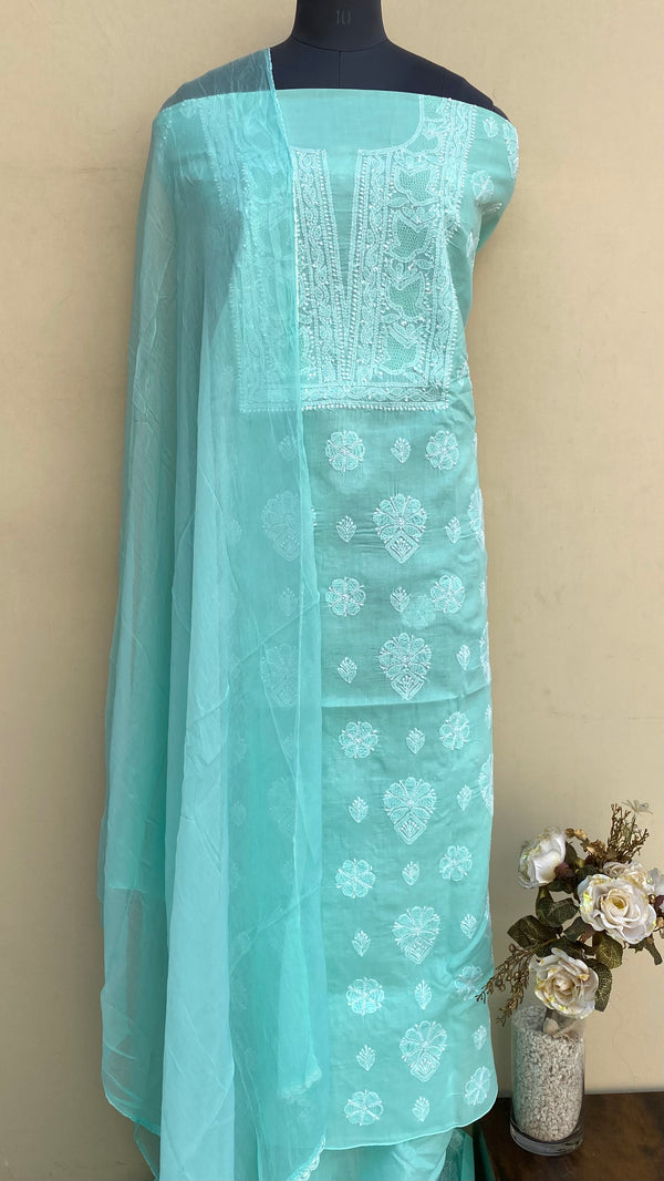 Lucknowi Chikankari Suit Length 3 Piece Sea Green Cotton With Jaali Work