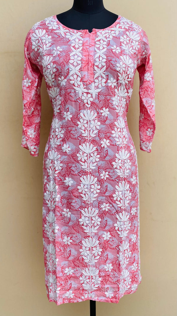 Lucknowi Chikankari Printed Kurti Pink Mulmul Cotton