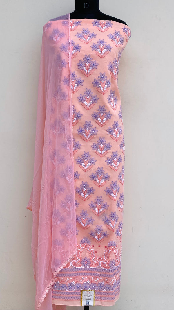 Lucknowi Chikankari Suit Length 3 Piece Peach Cotton With Jaali Work