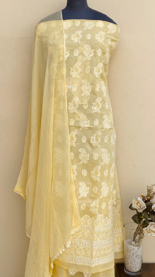 Lucknowi Chikankari Suit Length 3 Piece Yellow Cotton With Jaali Work