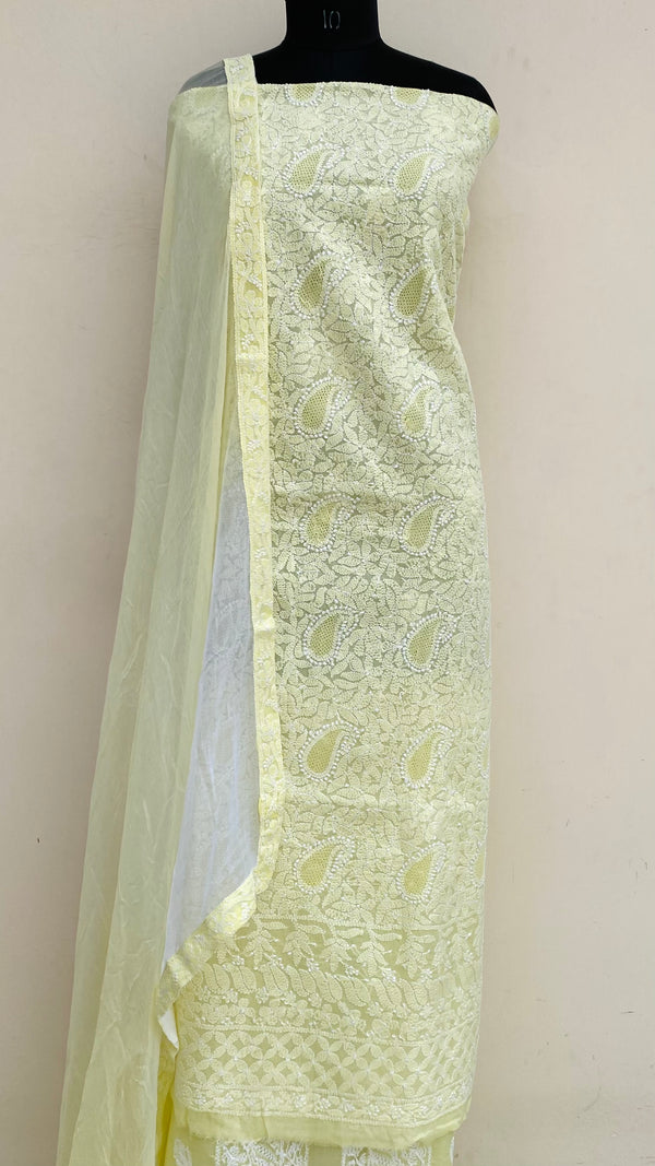 Lucknowi Chikankari Suit Length 3 Piece Lemon Yellow Cotton With Jaali Work