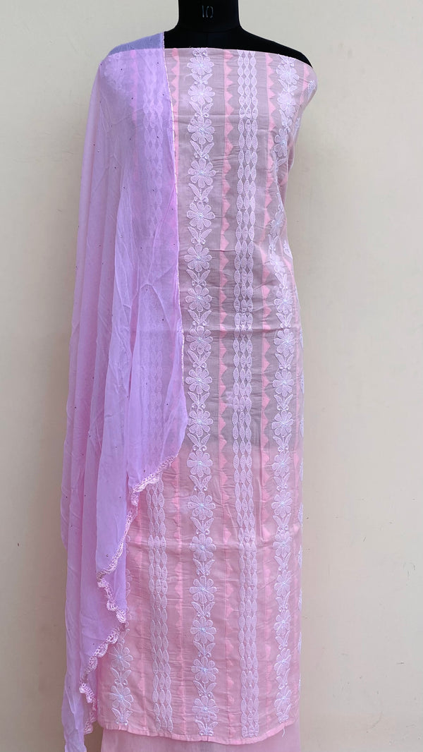 Lucknowi Chikankari Suit Length 3 Piece Pink Cotton With Applique Work