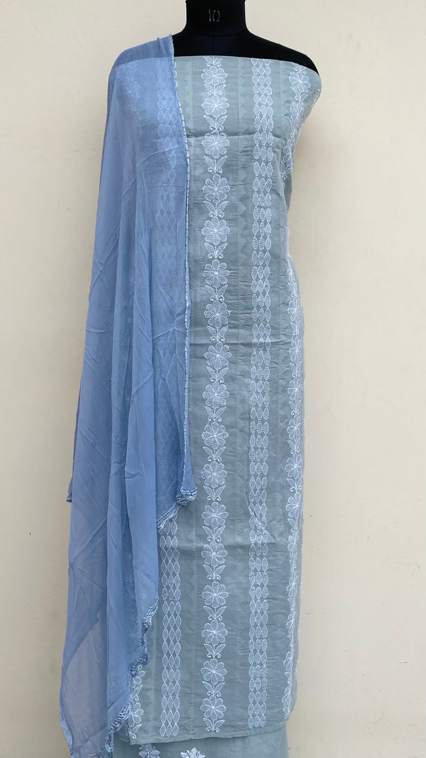 Lucknowi Chikankari Suit Length 3 Piece Gray Cotton With Applique Work