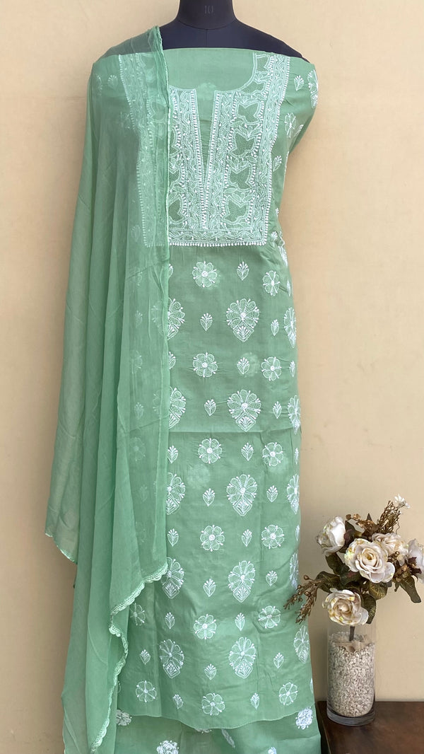 Lucknowi Chikankari Suit Length 3 Piece Teal Green Cotton With Jaali Work