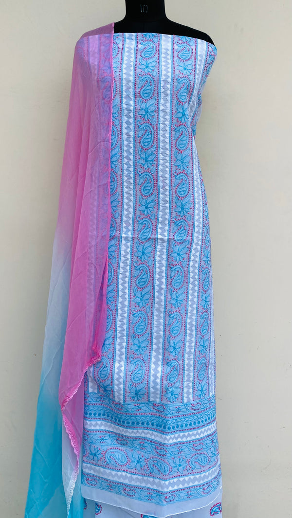 Lucknowi Chikankari Suit Length 3 Piece White Cotton With Applique Work