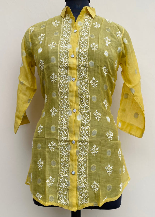 Lucknowi Chikankari Short Kurti Yellow Mal Chanderi