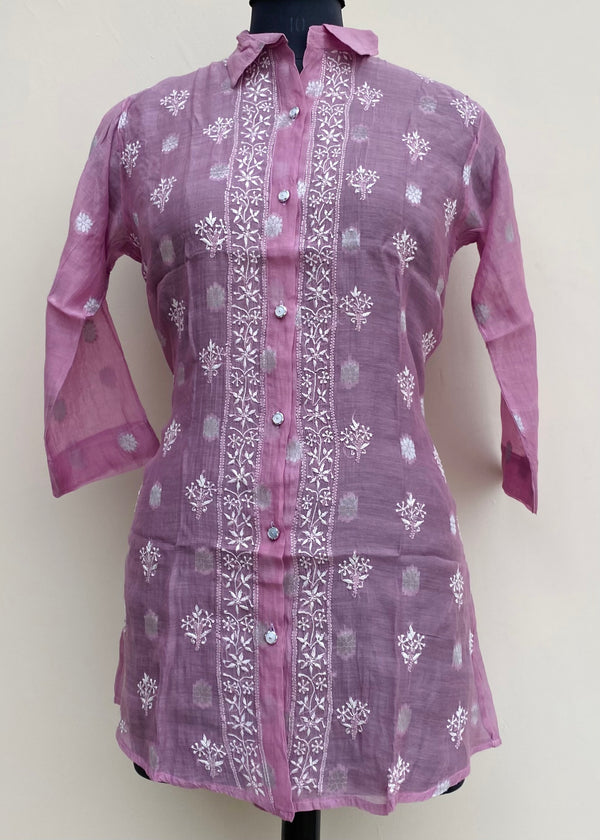 Lucknowi Chikankari Short Kurti Onion Pink Mal Chanderi