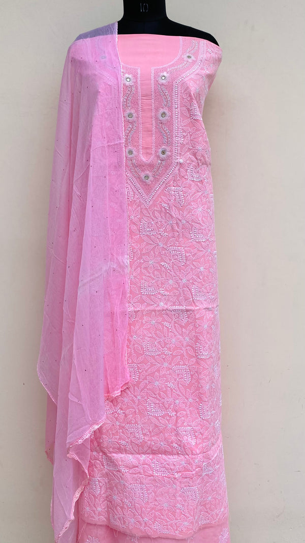 Lucknowi Chikankari Suit Length 3 Piece Pink Cotton With Mirror Work
