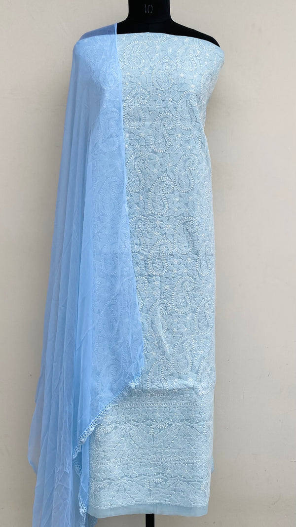 Lucknowi Chikankari Suit Length 3 Piece Powder Blue Cotton