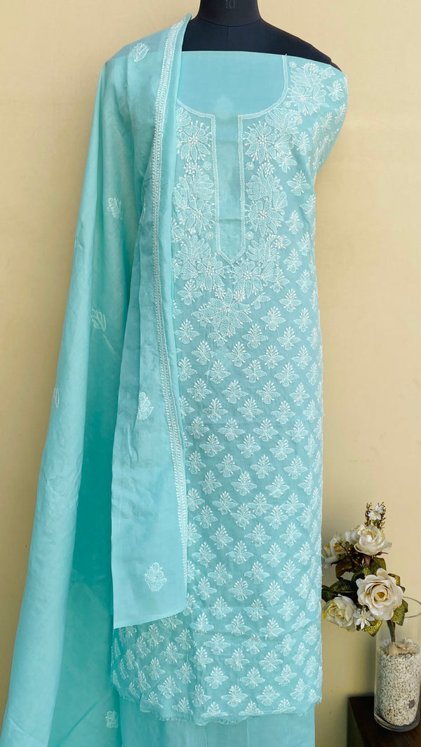 Lucknowi Chikankari Suit Length 3 Piece Sea Green Cotton With Embroidered Cotton Dupatta