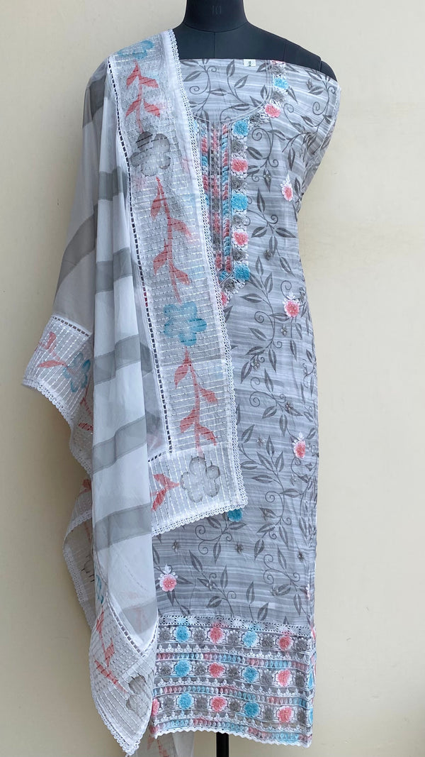 Designer Embroidered Suit Length 3 Piece Gray Organza With Sequence Work