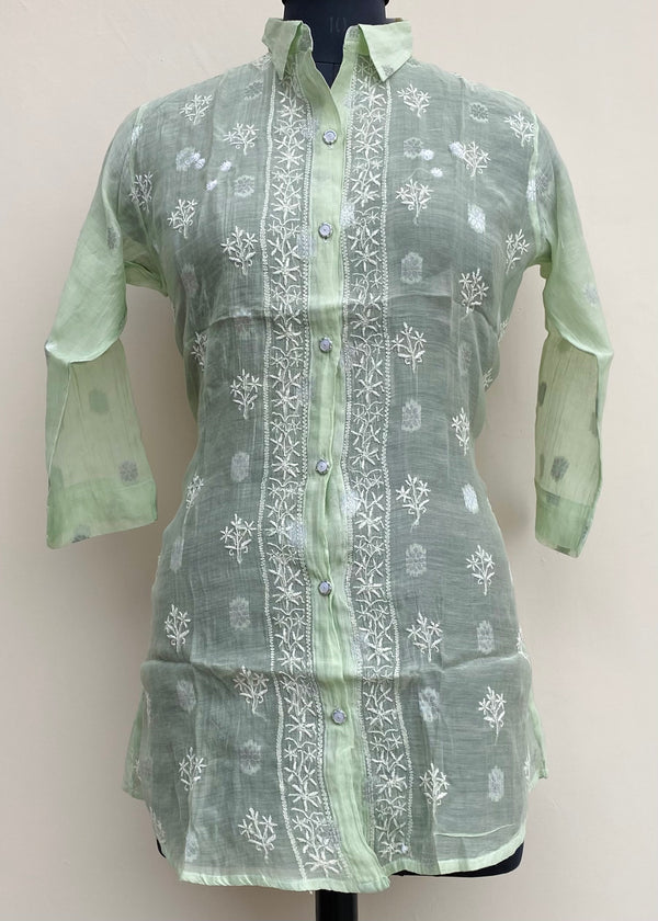 Lucknowi Chikankari Short Kurti Mint Green Mal Chanderi