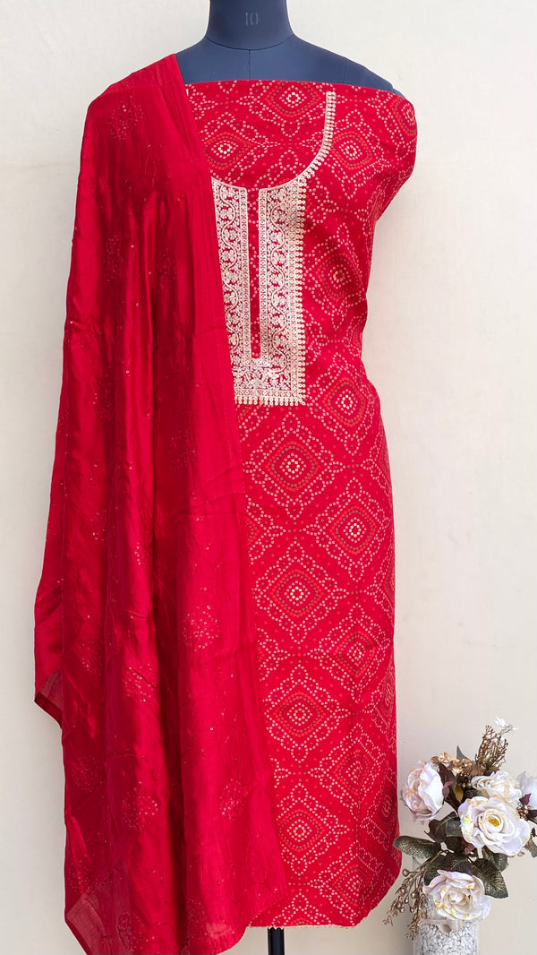 Designer Embroidered Suit Length 3 Piece Red Muslin Cotton