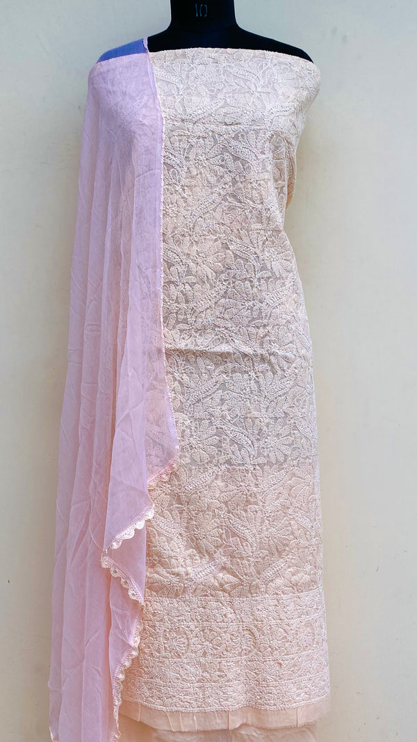 Lucknowi Chikankari Suit Length 3 Piece Peach Cotton