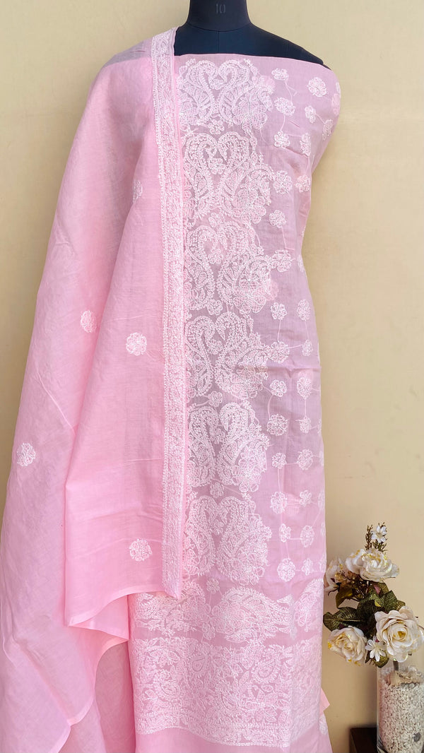 Lucknowi Chikankari Suit Length 3 Piece Pink Cotton With Embroidered Cotton Dupatta