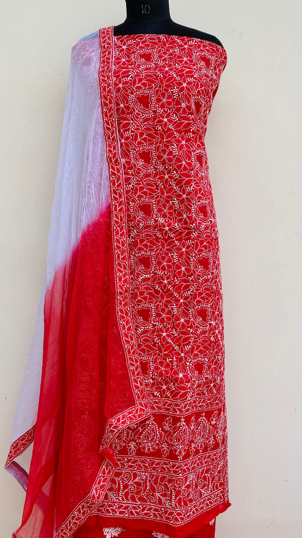 Lucknowi Chikankari Suit Length 3 Piece Red Cotton With Jaali Work