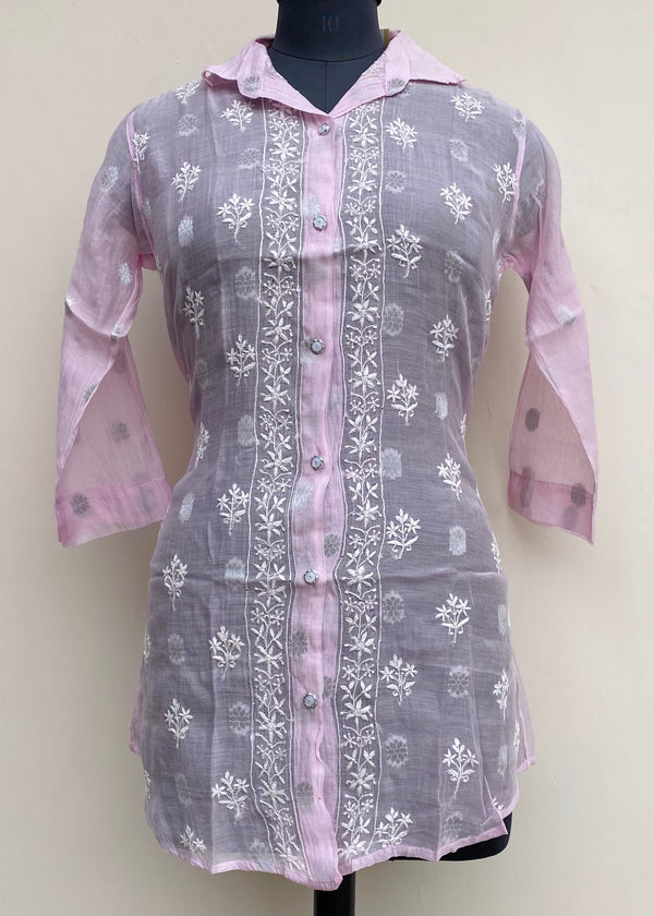 Lucknowi Chikankari Short Kurti Pink Mal Chanderi
