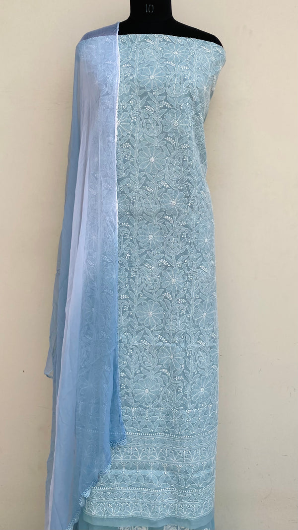 Lucknowi Chikankari Suit Length 3 Piece Gray Cotton