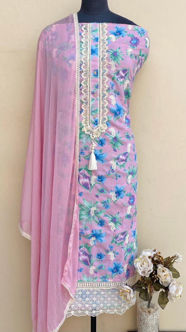 Designer Embroidered Suit Length 3 Piece Pink Muslin Cotton