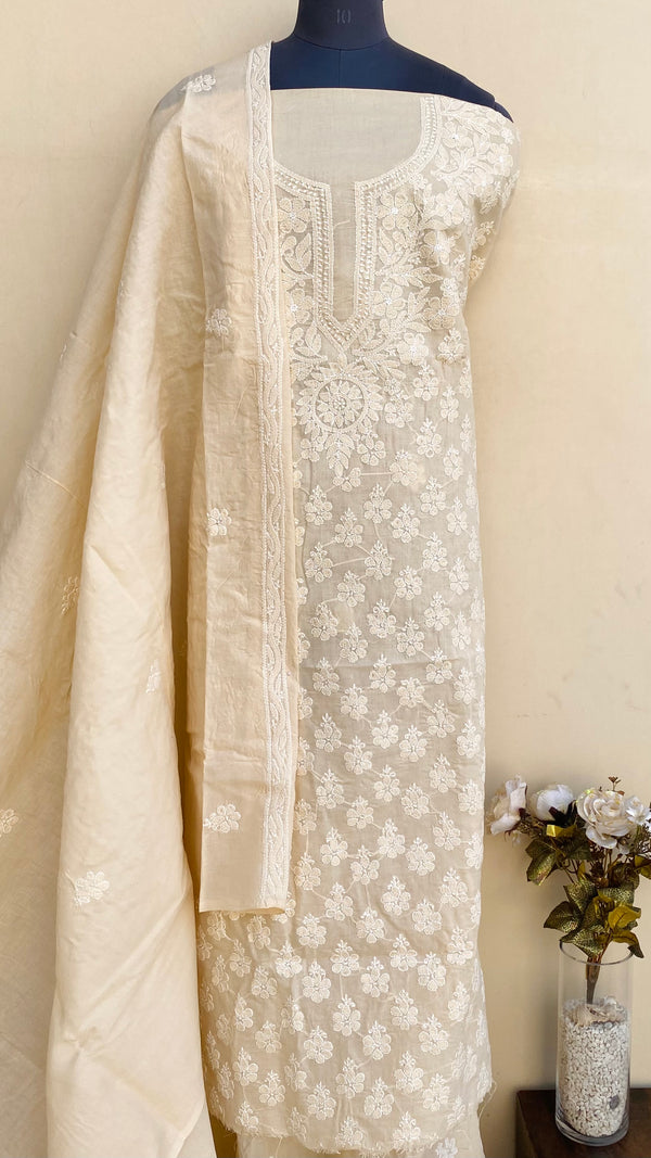 Lucknowi Chikankari Suit Length 3 Piece Beige Cotton With Embroidered Cotton Dupatta