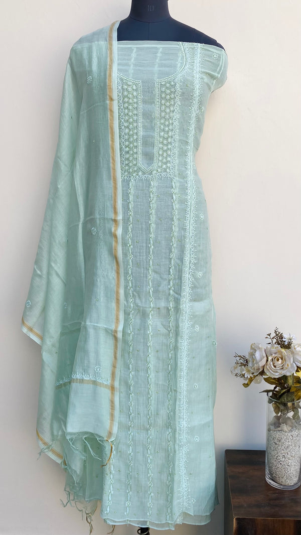 Lucknowi Chikankari Suit Length 2 Piece Sea Green Mal Chanderi With Cutdana Work